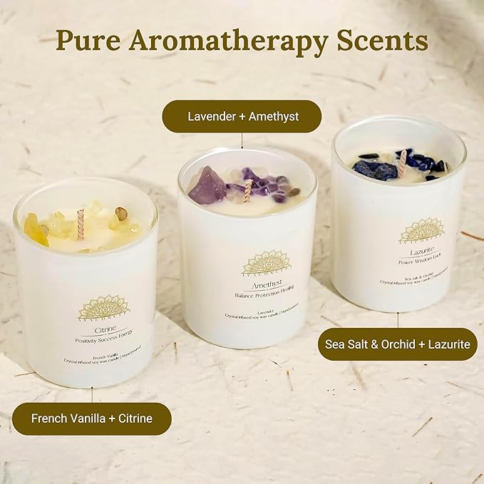 Soy Candles with Crystals - Aromatherapy Scented Candle for Women - Lavender Vanilla Gift Set - Small Wax Melts - 3 Pack 3.5oz