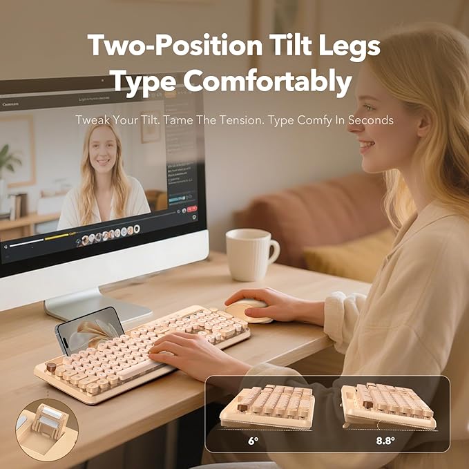 Wireless Keyboard and Mouse Combo, Retro Round Keycaps, Cute Full-Size Typewriter Keyboard with Phone Holder, Sleep Mode, 2.4GHz Cordless Connection for Windows/PC/Laptop (Milk-Tea Colorful)