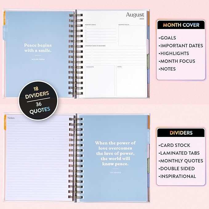 2025-2026 Eccolo Spiral Agenda Planner, Magenta Garden, Weekly & Monthly Pages, 18 Months, Sticker Sheets, Inspirational Quotes (7.75 x 8.75, July 2025 - Dec 2026)