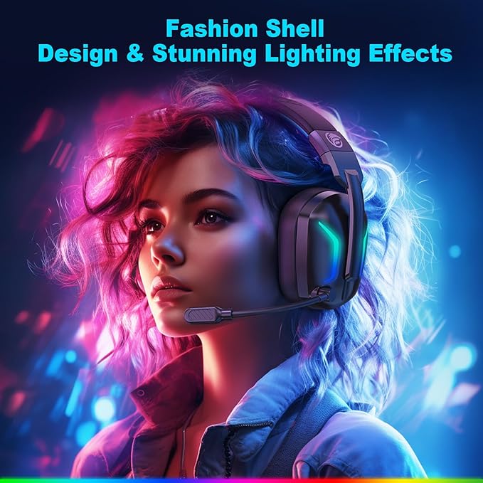 Wireless Gaming Headset with Microphone for PC, PS5, PS4, Bluetooth Gaming Headphones - Fast Charge 50Hr Battery, Cool LED Lights for Switch, Laptop, Mobile, Mac 2.4GHz Gamer Headset