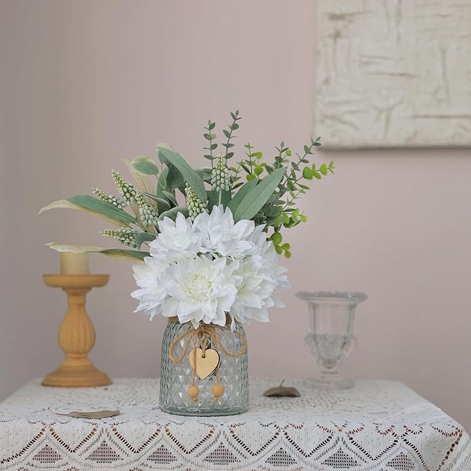 Faux Flowers with Vase,Artificial Silk Flowers in Vase, Fake Plant Eucalyptus and Willow,Flower Arrangement for Home Farmhouse kitchen Dining Table Centerpiece Decorations Coffee Table Decor (White)