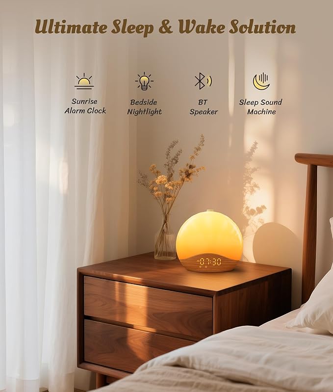 ecozy Wood Grain Sunrise Alarm Clock, White Noise Sound Machine, Music-Sync Lights, Upgraded Backlit Buttons for Bedrooms, 26 Soothing Sounds, 17 Night Lights, Wake Up Light for Heavy Sleepers