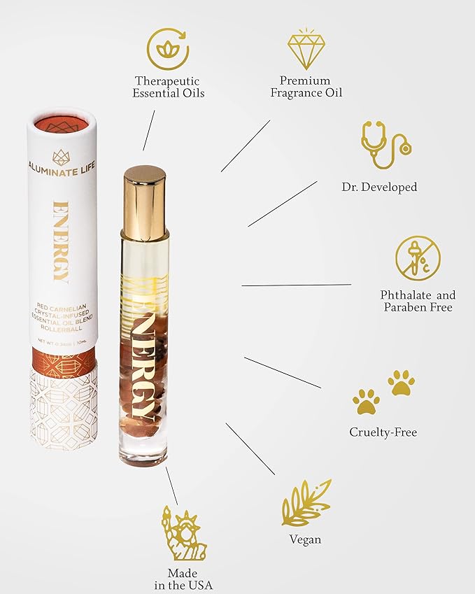 Essential Oil Rollerballs, .34 OZ, Defense - Smoky Quartz Crystal Infused - Scents of Frankincense, Neroli, & Sage - Aromatherapy Roll On Oils, Skin Care, Massage