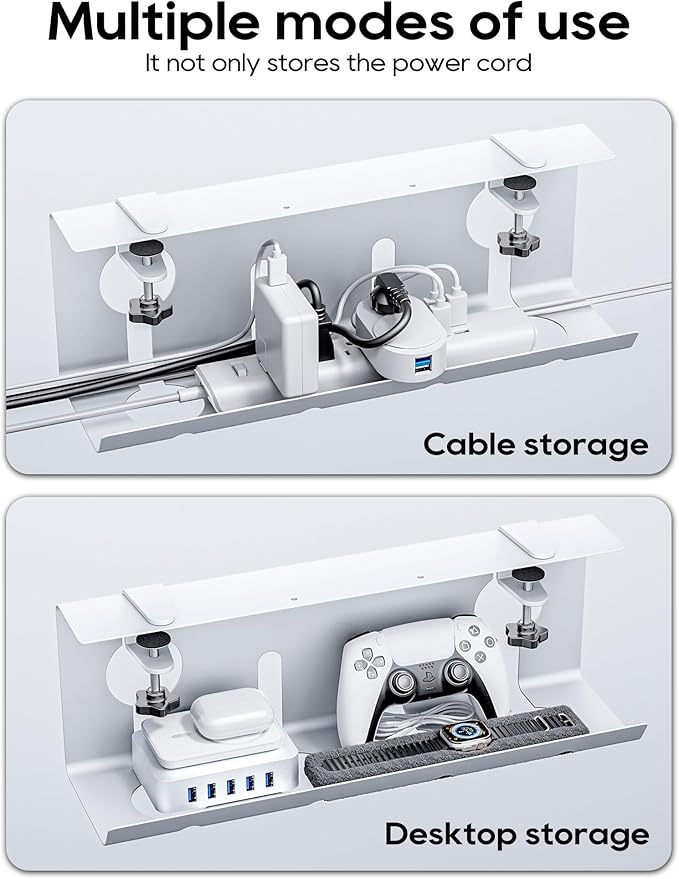 NodoCA No Drill Under Desk Cable Management Tray, 17'' Wire Management, Punch-Free Clamp On, Metal Cable Tray, Wire Organizer, Under Desk Basket for Office and Home, White
