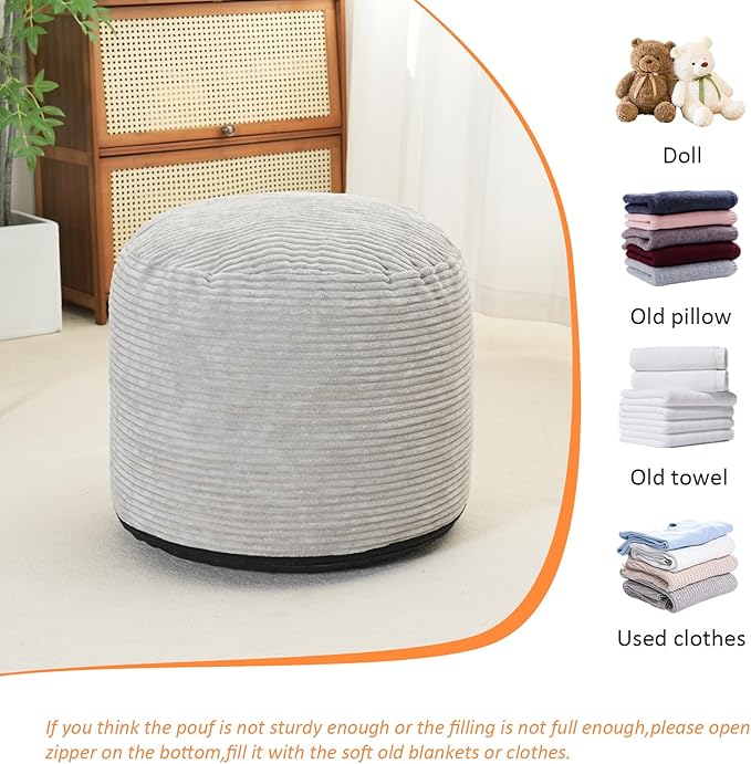 Pouf Ottoman Stuffed Round Modern Foam Filled Foot Rest Poufs for Living Room Chair Decorative 20 X 15 Inches Fluffy Pouf Foot Stool Storage Ottoman, Grey