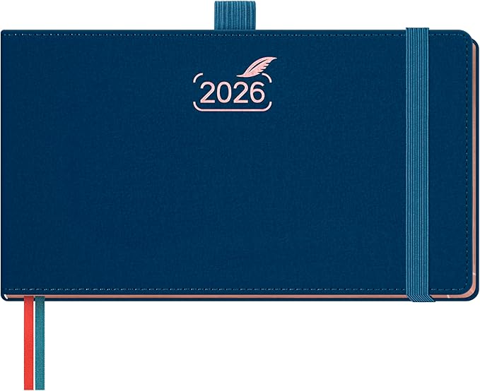 BEZEND Pocket Calendar 2026 Weekly and Monthly (6.5" x 3.75") Horizontal Planner with Vertical Hourly Timeslots, Bookmarks & Inner Pocket, Vegan Leather Hardcover - Prussian Blue