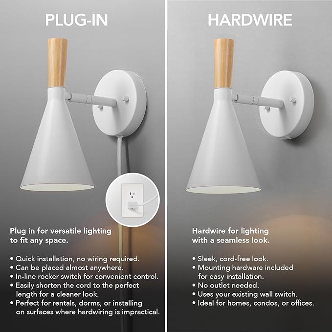 GLOBE Electric 65000147 1-Light Plug-in or Hardwire Wall Sconce, Matte White, Light Wood-Toned On/Off Rotary Switch on Pivoting Shade, 6ft White Braided Fabric Cord, Wall Lights for Living Room