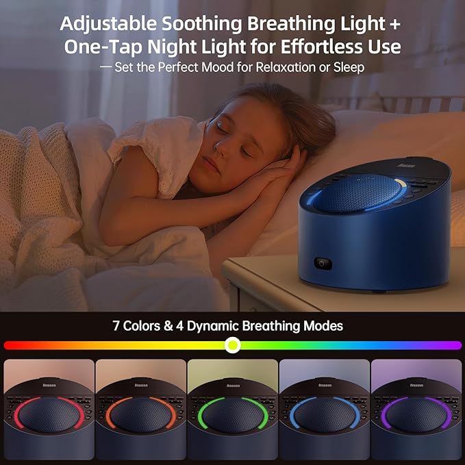 Sound Machine & Soothing Night Light, Premium Metal Shell with Excellent 3inch Speaker, White Noise Machine & 50+ Natural Sounds | Upgradeable System for Sleep, Focus, Relaxation – Adults Kids Baby