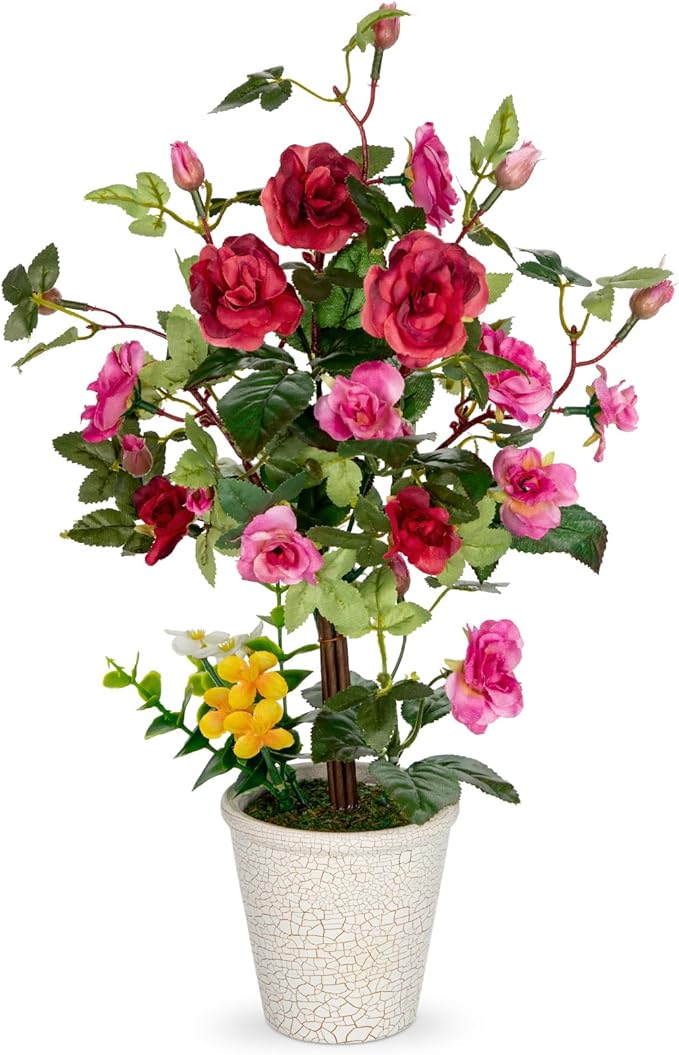 Hollyone Artificial Plants & Flowers in Vase Red Camellia Roses Faux Flower Plant Arrangement with Pot Fake Rose Flowers Home Decor Office Bathroom Shelf Desk Table Decoration