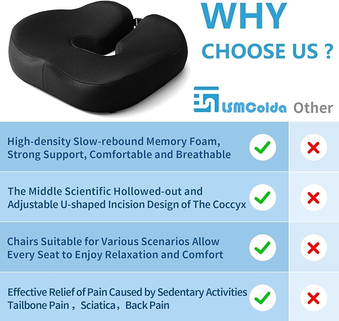 Orthopedic Memory Foam Seat Cushion - Donut Pillow for Tailbone Pain Relief, Sciatica, Hemorrhoids & Postpartum - Office Chair, Car & Home Cushion for Back & Coccyx Support (Black)