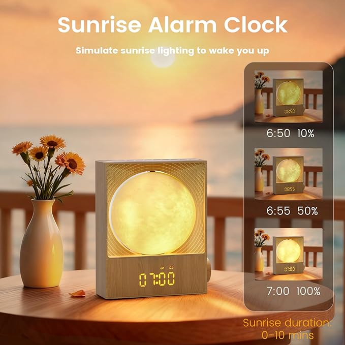 Sunrise Alarm Clock, 360-Degree Rotating Moon Lamp & 10 White Noise Sounds, Dual Alarm & Snooze for Heavy Sleeper, Timer, Wooden Bedroom Light Gift - Wood