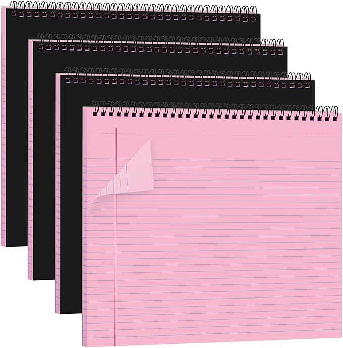 4 Pcs Legal Pads Landscape Notebooks 3 Hole Punched Top Spiral Bound Notebooks 11 x 9. 5 Inch College Ruled Drawing Notepad Tear Line for Removal 50 Sheet Office Steno Book(Pink)
