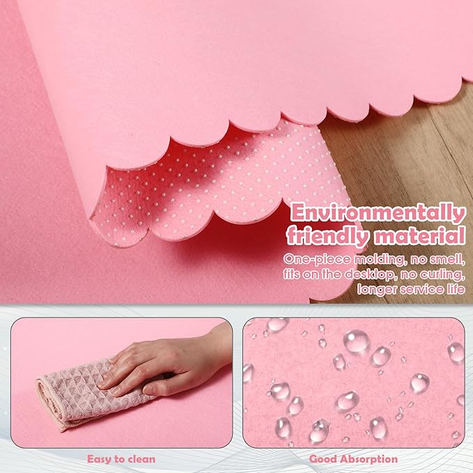 Large Felt Desk Mat with Scalloped Edges for Keyboard and Mouse 35 x 16.5 Inch Non Slip Scalloped Computer Desk Pad(Pink)
