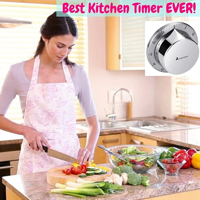 Kitchen Timers for Cooking, Chef Cooking Timer Clock with Loud Alarm - Magnetic Backing 100% Mechanical Desk Timer - No Batteries Required, Countdown Reminder Magnetic - Exquisite Stainless Steel Body