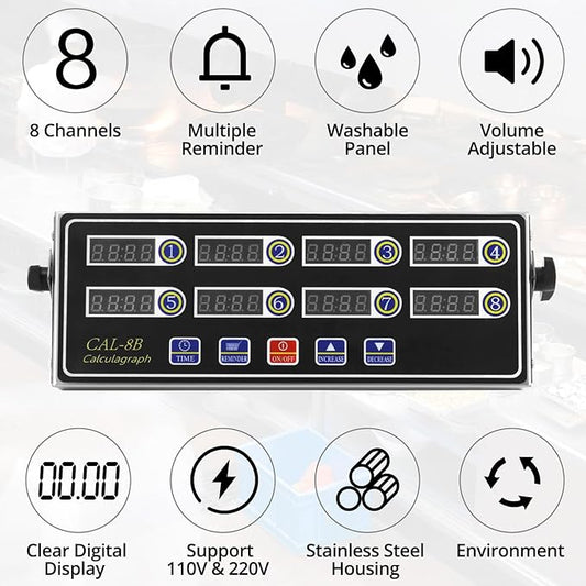 QWORK 2 Pack 8-Channel Multi-Timer Kitchen Clock, Led Digital Cooking Timer