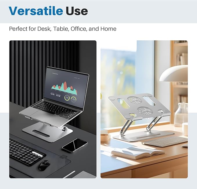 Adjustable Laptop Cooling Stand with 2 Quiet Fans & RGB Lighting, Aluminum Alloy & Foldable Ergonomic Design for MacBook, Lenovo, ASUS, Dell 10-16 Inch, Perfect for Gaming, DJ, Office - Silver