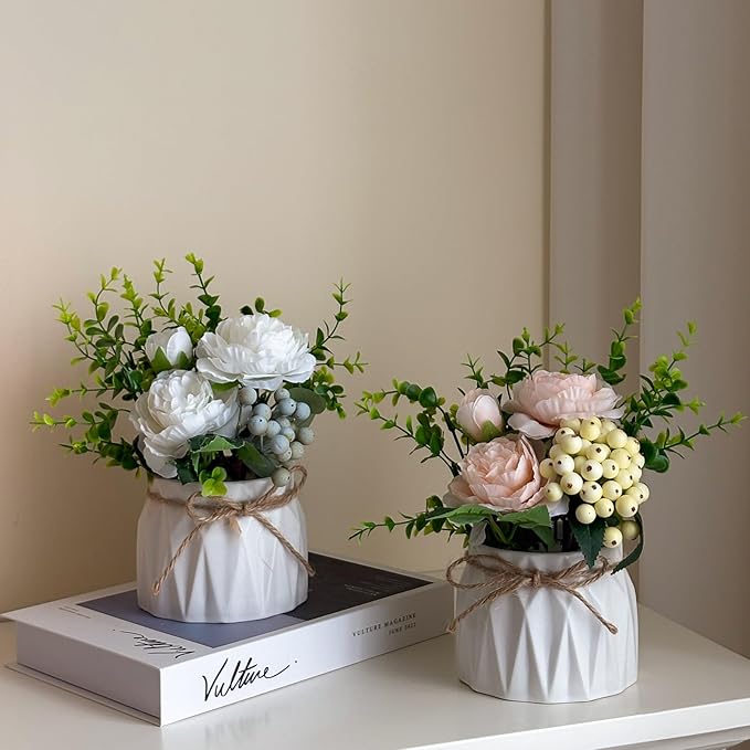 Faux Flowers with Vase, 2pcs Small White Artificial Flowers Arrangement, Potted Plants,Decoration for Bathroom Home Party Office Desk Wedding,Coffee Table Decor (White/Champagne)