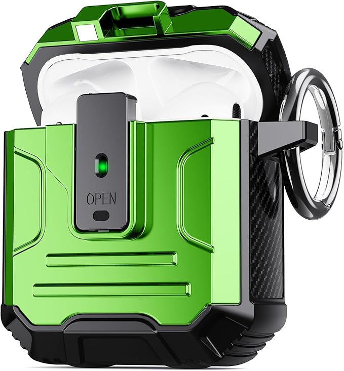 DASFOND Armor Cover AirPods 2nd & 1st Generation Case, Military Grade Full Body Shockproof Protection Hard Case, Support Wireless Charging with Keychain, Magnetic Lid, Front LED Visible, Green