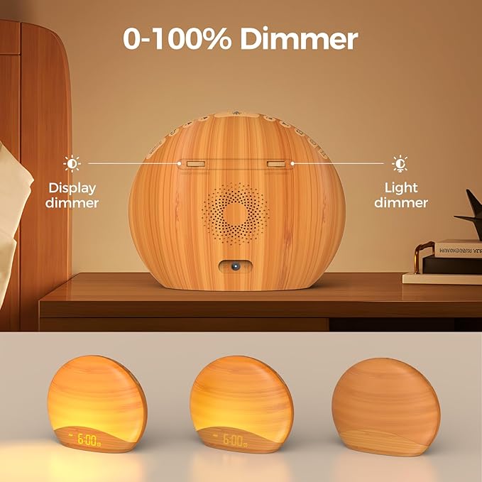REACHER Natural Wood Grain Sound Machine Sunrise Alarm Clock，26 Nature Inspired Sleeping Sounds, 0-100% Dimmable Clock, Night Light,Brown/Pink/White Noise Sound Machine for Babys, Kids, Adults