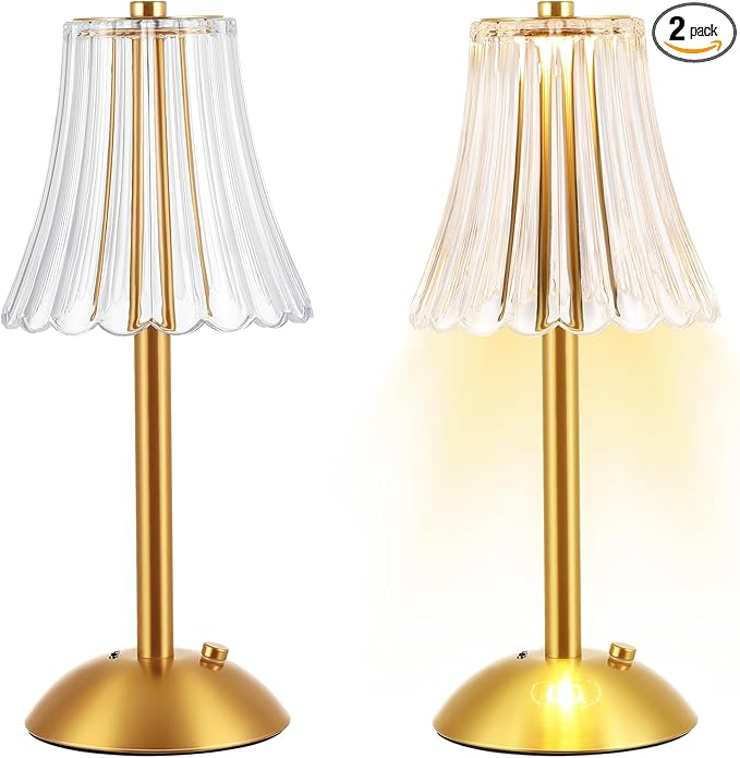 Liliful 2 Pcs LED Portable Cordless Table Lamp Touch Battery Operated Rechargeable Desk Lamp 3 Color Dimmable for Bedroom Living Room Dining (Rose Style,Gold)