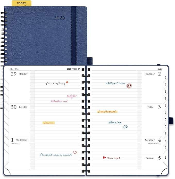 POPRUN 2026 Weekly and Monthly Planner Calendar, January 2026 - December 2026,Medium-6.75" x 8.75" Spiral Bound Appointment Book, Includes Monthly Tabs, Inner Pocket,Soft Cover - Navy Blue