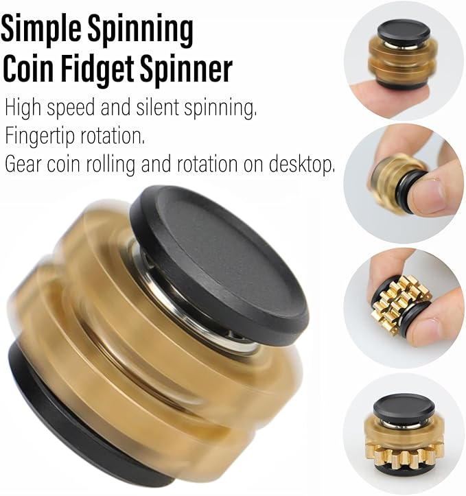 FREELOVE Gear Metal Fidget Spinner Toys for Adults, Small Mini Tiny Pockget Figette, Bike Chain, Copper Brass Hands Gyro, Quiet Silent Cool Cube for Anxiety Men (2 Gears Stacked, Black-Brass)