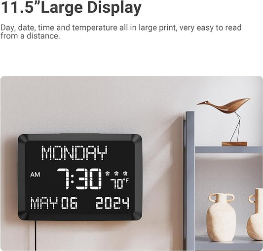 11.5” Digital Wall Clock with Date,Time,Week,Indoor Temperature,3 Alarms,5 Dimmer,2 USB Chargers,Battery Backup,Snooze,12/24H for Elderly,Parents,Impaired Vision,Dementia,Memory Loss,Office,Bedroom