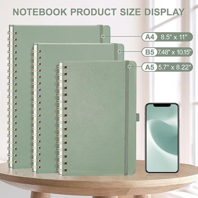 AHGXG Graph Paper Notebook - Spiral Notebook 8.5" x 11", A4 Large Hardcover Leather Journal Grid Notebook, 100 gsm Thick Graph Paper,Journals for School Writing Graphing Engineering Math, Sage Green