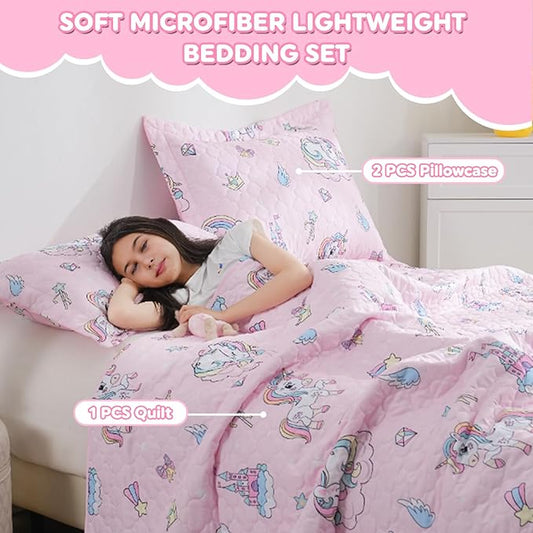 Pink Unicorn Girls Quilt Set Queen Size Kids Bedding Sets Lightweight Summer Bedspread Soft Microfiber Breathable Bed Comforter All-Season