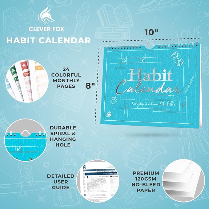 Clever Fox Habit Tracker Calendar – Inspirational Goal Tracker and Habit Calendar for Atomic Habits – Colorful Habit & Goal Planner Journal to Boost Productivity – 24 Months, 10″ x 8″ (Turquoise)