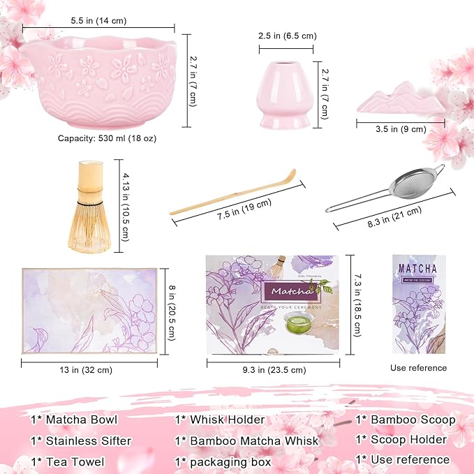 Matcha Whisk Set, Matcha Set 7 Pcs, Ceramic Matcha Bowl with Spout, Bamboo Chasen Whisk & Holder, Scoop, Sifter, Tea Towel, Ideal Gift Christmas, Birthday(Pink)