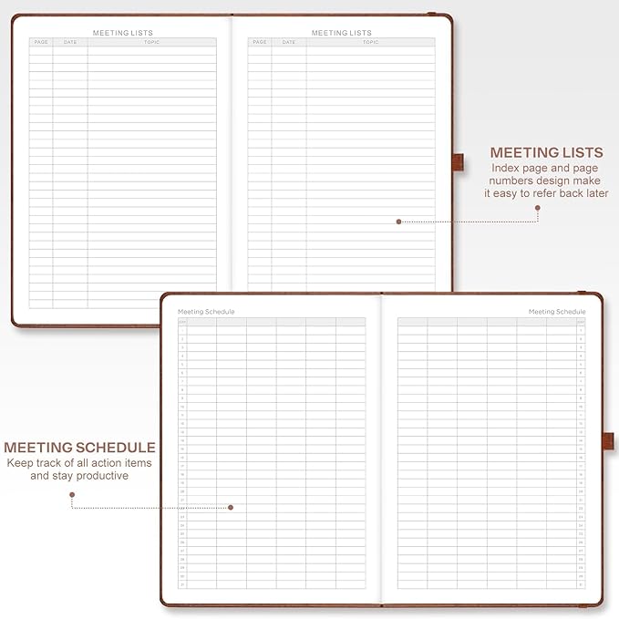 EMSHOI Meeting Notebook for Work with Action Items - 240 Pages A4 Large Project Planner Agenda Organizer Work Notebook for Women Men Office Business Notes, PU Leather Hardcover, 8.5" x 11", Coffee
