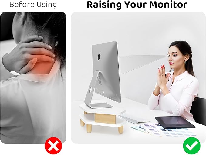 Monitor Stand Riser,2 Tier Corner Wood Monitor Stand Sturdy Computer Stand Multi-Purpose Desktop Storage Stand for Laptop,PC,iMac,Printer,Computer,White