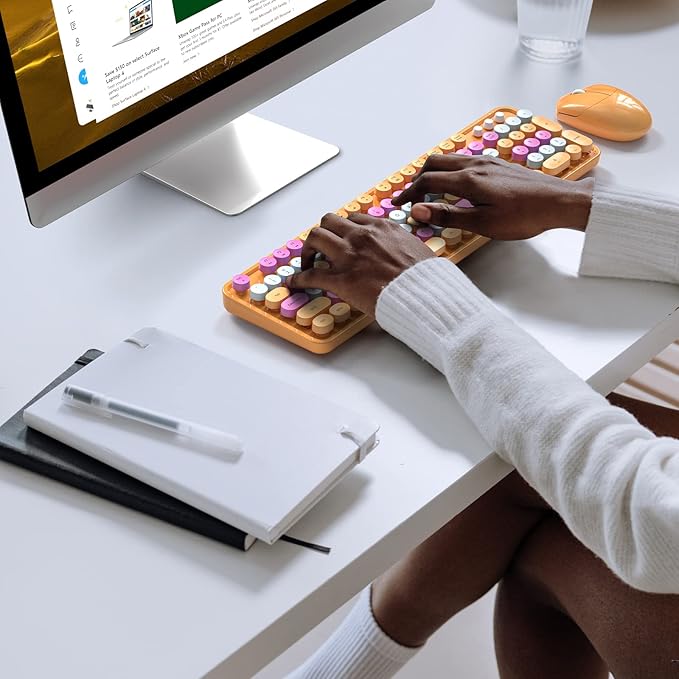 MOFII Wireless Keyboard and Mouse Combo, Retro Keyboard with Round Keycaps, 2.4GHz Dropout-Free Connection, Cute USB Mouse for PC/Laptop/Windows XP/7/8/10 (Orange-Colorful)
