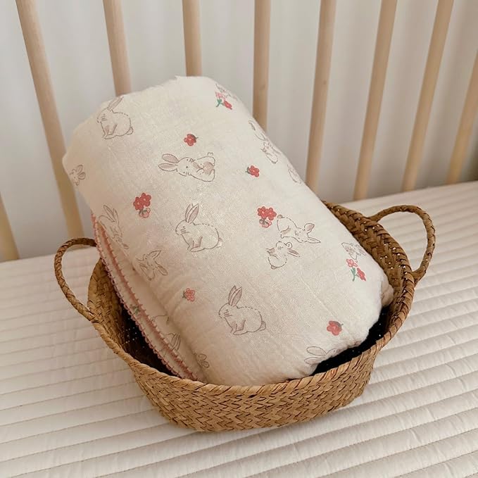 BuLuTu Baby Blankets for Girls Soft Lightweight Muslin Cotton Toddler Blanket Baby Quilts 2 Layer Gauze Cotton Nursery Blankets Crib Quilt,Bunny Pattern,47"x51"