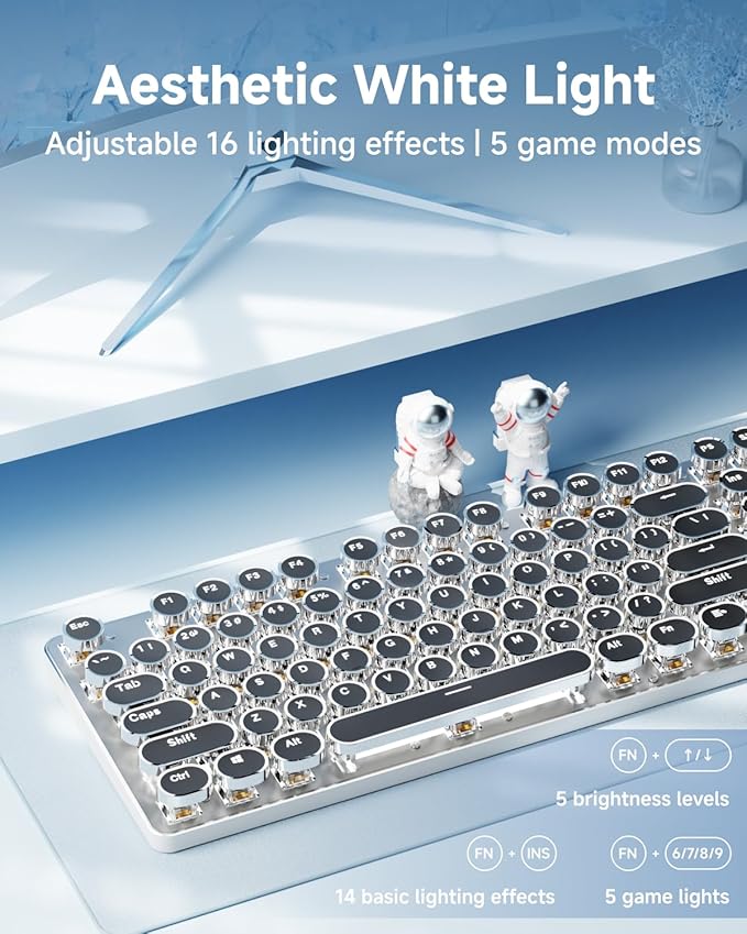 EWEADN TK950 Typewriter Keyboard Wireless Mechanical Keyboard, 104 Keys Aesthetic Typewriter Keyboards with White Backlit, Anti-Ghosting, Blue Switch Bluetooth/2.4GHz/Wired Cute keyboards-Black