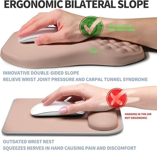 Ergonomic Raised Mouse Pad Wrist Support with Bilateral Slope Memory Foam Mousepad for Wrist Rest and Carpal Tunnel Pain Relief 11.8x7.9〃 Apricot Pink