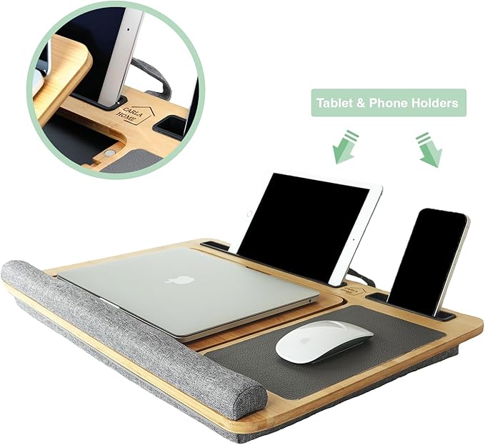 Bamboo Laptop Lap Desk with Cushion, Angle Adjustable Laptop Computer Stand Bed Desk, Portable Lap Desk w/Handles, Tablet & Phone Holder, Mouse Pad & Shields Heat (Grey)