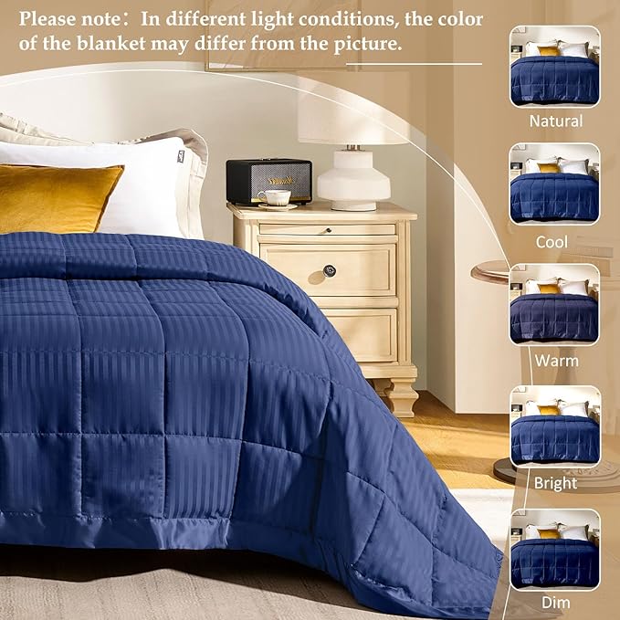 downluxe Queen Size Blanket with Satin Trim, Lightweight Down Alternative Blankets Queen Size for All Season, Machine Washable (Navy, 90x90 Inch)