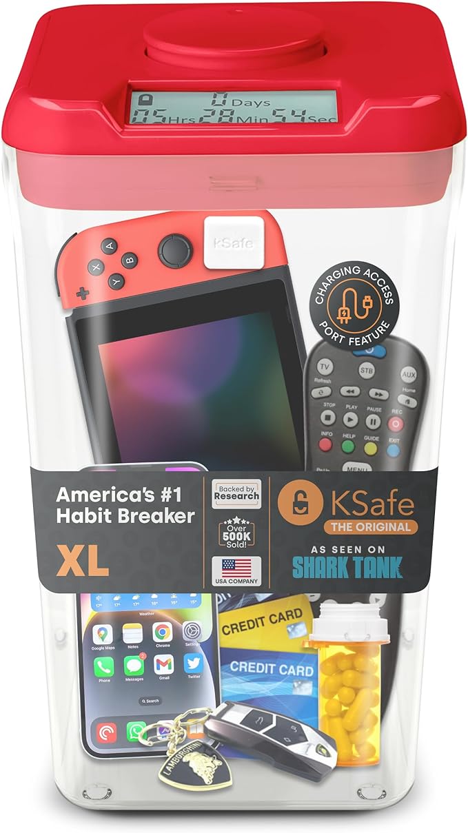 Phone Lockbox & Snack Lock Box with Timer (XL) - KSafe Timed Lock Box for Cell Phones, Food - Kitchen Safe Time Locking Container for Habit Formation (Red Lid + 12.3” Clear Base with Access Port)