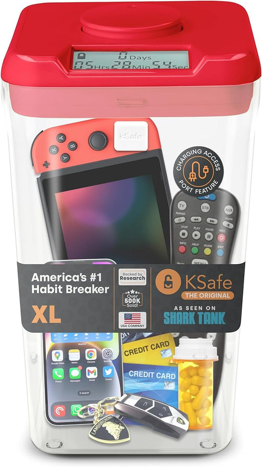Phone Lockbox & Snack Lock Box with Timer (XL) - KSafe Timed Lock Box for Cell Phones, Food - Kitchen Safe Time Locking Container for Habit Formation (Red Lid + 12.3” Clear Base with Access Port)