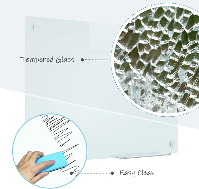 Magnetic Dry Erase Glass WhiteBoard - Frameless Wall Mounted Glass White Board for School Teaching Office Meeting 24"x36"