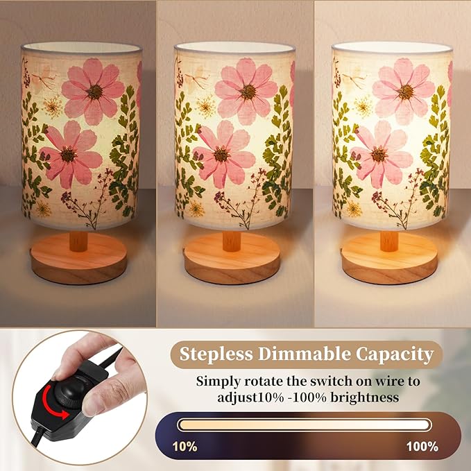 Dried Flowers Table Lamp 9W LED Dimmable Warm Light Pressed Flower Bedside Lamp Linen Shade with Wood Base for Bedroom Living Room Desk Office