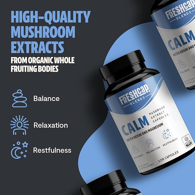 FreshCap Calm for Adults - Calm w/Reishi, Ashwagandha, St. John’s Wort, Lemon Balm, Magnesium - Balance, Relaxation & Emotional Stability -Ayurveda Daily Mushroom Supplement, Vegan - 60 Count