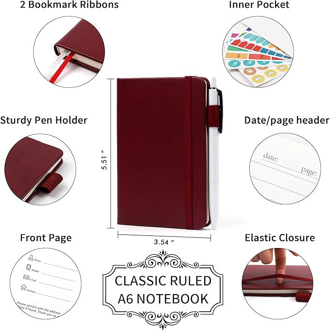 feela 3 Pack Pocket Notebook Journals with 3 Black Pens, A6 Mini Cute Small Journal Notebook Bulk Hardcover College Ruled Notepad with Pen Holder for Office School Supplies, 3.5”x 5.5”, Wine