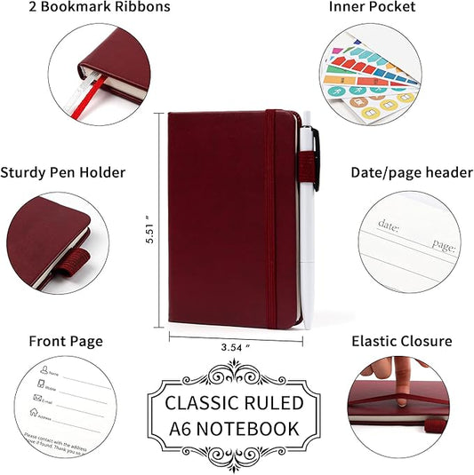 feela 3 Pack Pocket Notebook Journals with 3 Black Pens, A6 Mini Cute Small Journal Notebook Bulk Hardcover College Ruled Notepad with Pen Holder for Office School Supplies, 3.5”x 5.5”, Wine