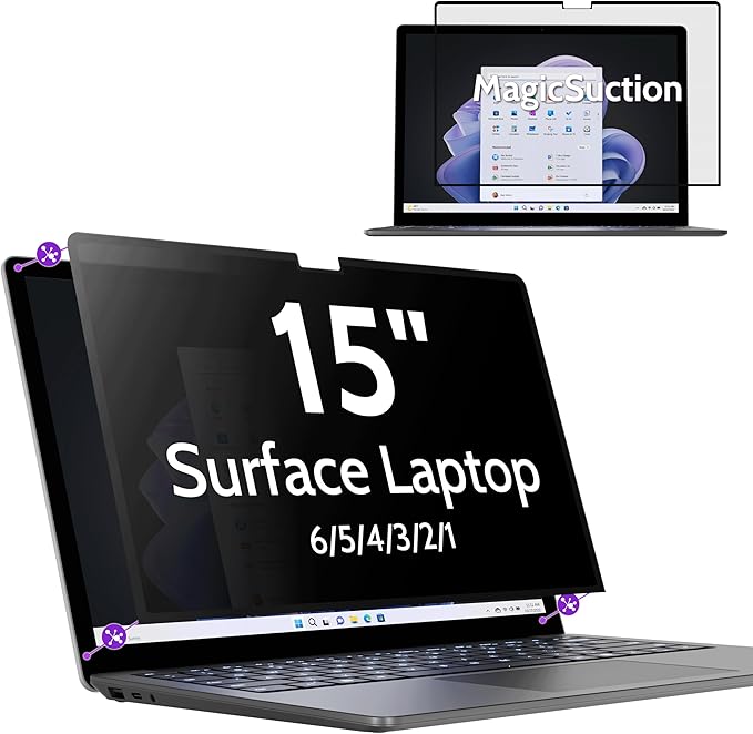 Privacy Screen for 15 Inch Surface Laptop 6/5/4/3/2/1, MagicSuction™ Removable Anti Spy Black Protector, Glare Blue Light Filter for Microsoft Laptop Computer Monitor