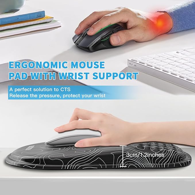 Mouse Pad with Wrist Rest, Ergonomic Mousepads with Wrist Support, Soft Lycra Fabric Memory Foam Office Desk Accessories for Comfort/Pain Relief/PC Gaming/Computer/Laptop (Black Topographic)