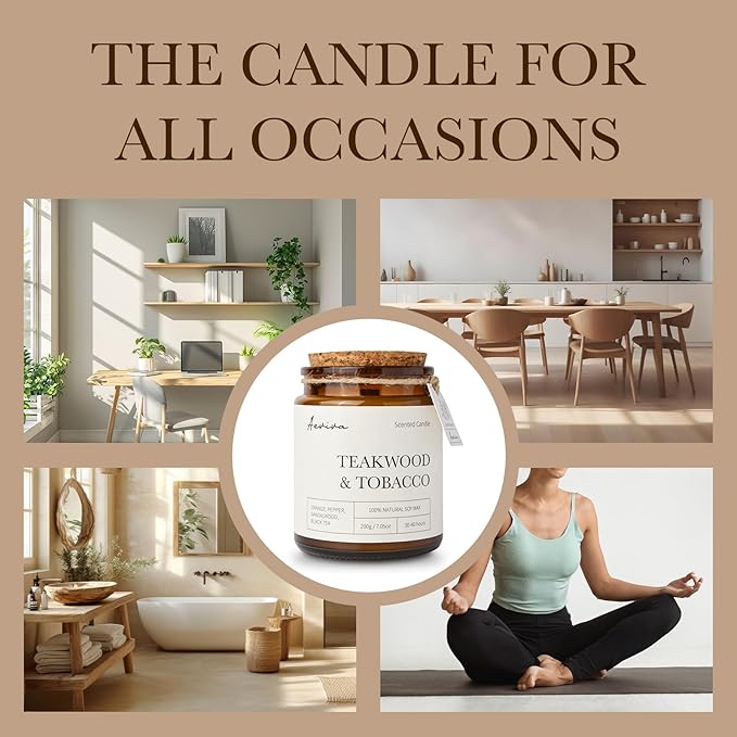 Scented Candle, 7.05 oz Teakwood Tobacco Aromatherapy Candle, Natural Soy Wax with Wooden Wick, Candles for Home Scented, Stress Relief Amber Jar Candle Gifts