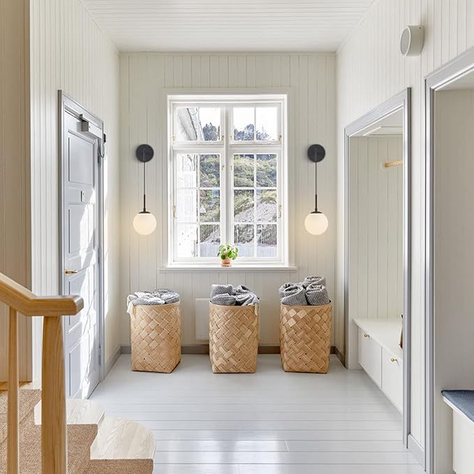 BOKT Lighting Black 1-Light Frosted White Glass Wall Sconce Mid Century Modern Globe Ball Bathroom Wall Light Rustic Industrial Bedroom Bedside Wall Reading Lamp (Black+White)